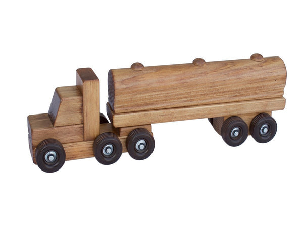 FOUR Wooden Toy TRUCK Set Log Barrel Tanker Dump Truck Wood Tractor Trailer  USA