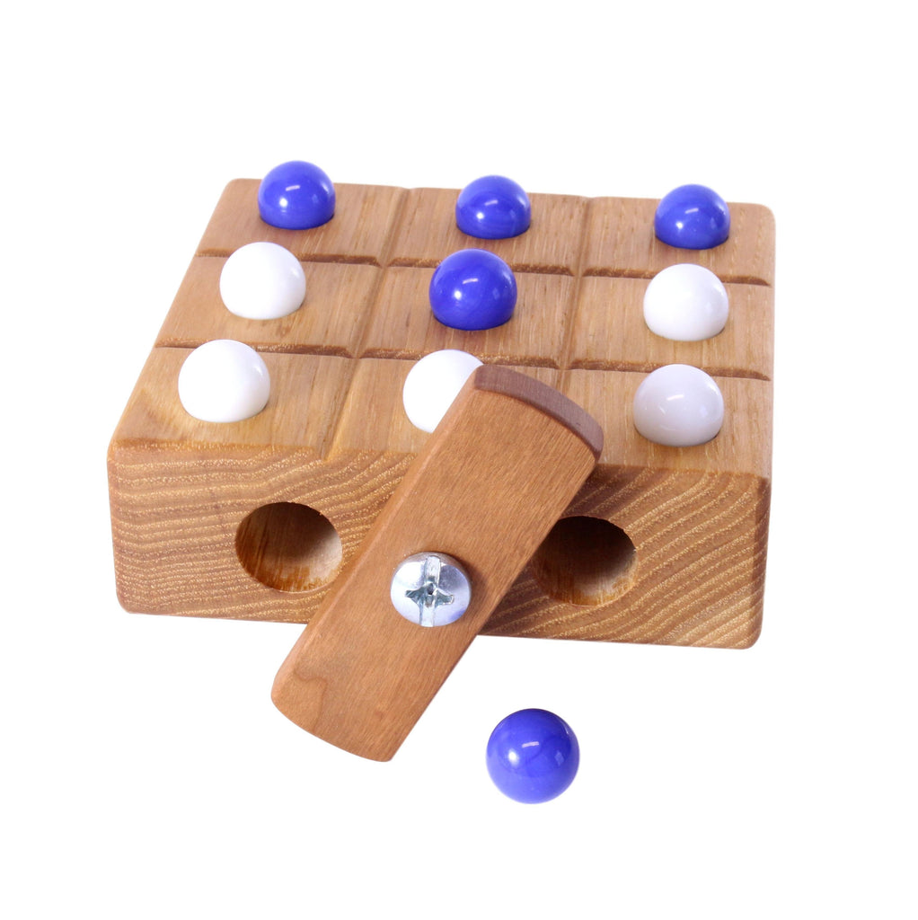 Amish-Made Wooden Travel Tic Tac Toe Game With Glass Marbles