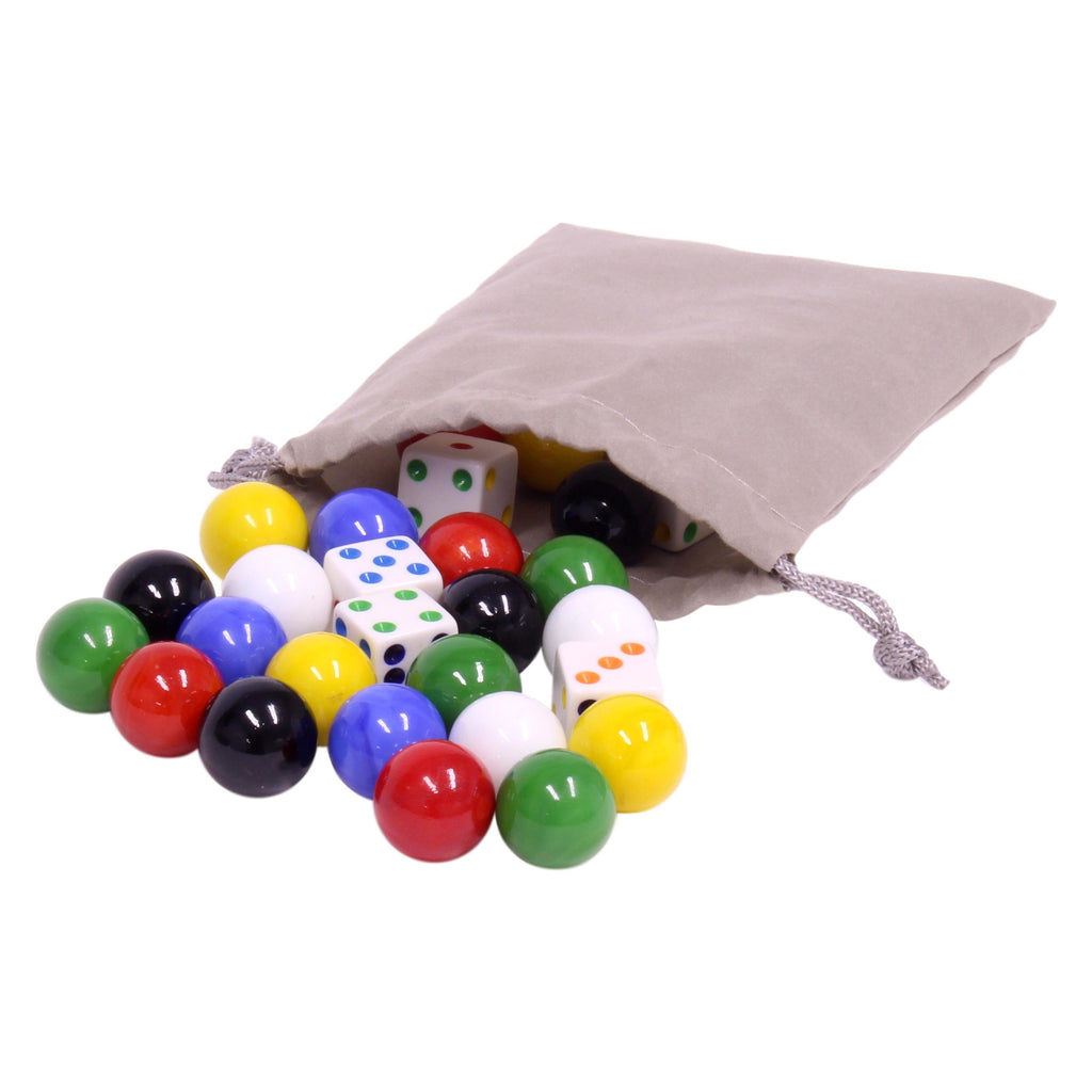 AmishToyBox.com Game Bag of 24 Large Glass Marbles (18mm Diameter) and 6 Dice for Aggravation Game