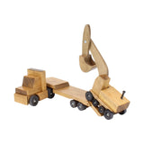 Large Wooden Toy Truck & Low Boy Flatbed Trailer with Excavator Set