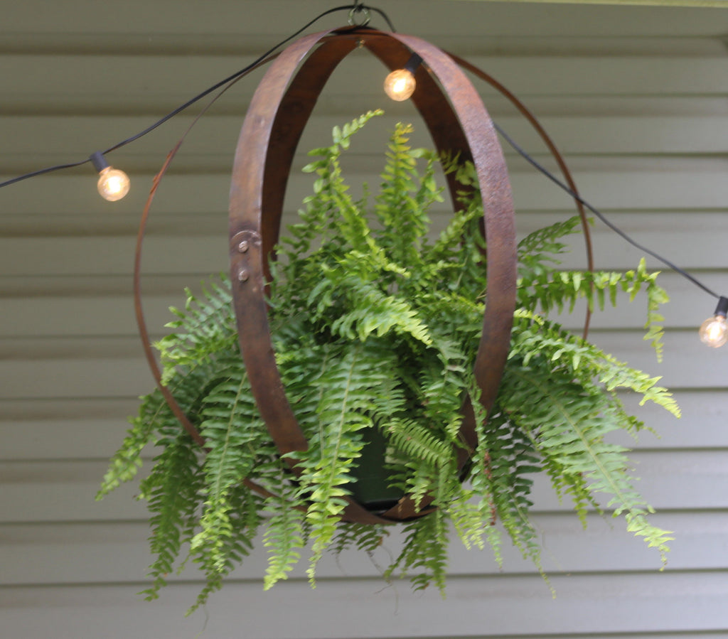 Rustic Hanging Plant Holder, Made with Real Barrel Rings, Untreated Metal, Large 3 Ring Planter, Amish-Made
