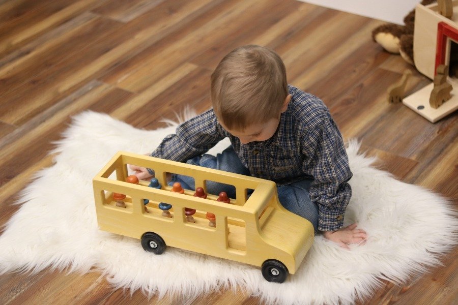 Amish-Made Wooden School Bus Toy With Little People