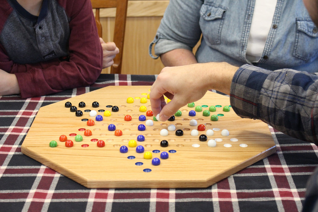 Hand-Painted Oak Wooden Chinese Checkers Board Game, 19" Wide