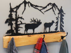 Rustic Coat Rack With 3 Hooks - Pine Wood Coat Hanger with Wilderness Metal Art Silhouette