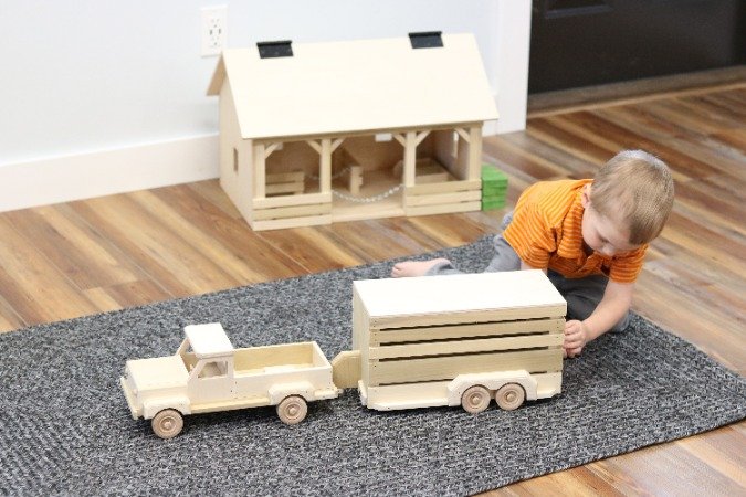 Amish-Made Wooden Toy Pickup & Horse Trailer Set, Unfinished Wood